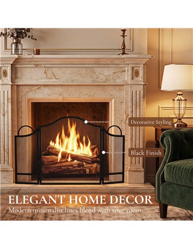 HOMCOM Floral 3-Panel Folding Fireplace Screen for Hearth Protection, Heat-Resistant Metal Fire Spark Guard, Black