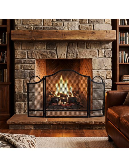 HOMCOM Floral 3-Panel Folding Fireplace Screen for Hearth Protection, Heat-Resistant Metal Fire Spark Guard, Black - pic 206683 | FastDaddyshop