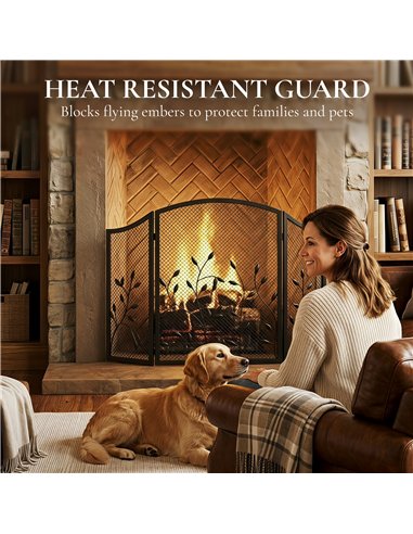 HOMCOM 3-Panel Folding Fireplace Screen for Hearth Protection, Heat-Resistant Metal Fire Spark Guard, Black