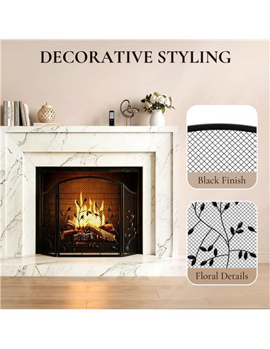 HOMCOM 3-Panel Folding Fireplace Screen for Hearth Protection, Heat-Resistant Metal Fire Spark Guard, Black