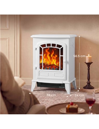 HOMCOM Electric Fireplace Stove, 1000W/2000W, Freestanding Electric Fire with LED Flame Effect, Adjustable Thermostat, White