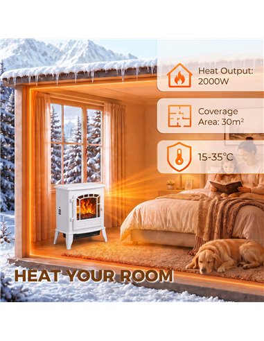 HOMCOM Electric Fireplace Stove, 1000W/2000W, Freestanding Electric Fire with LED Flame Effect, Adjustable Thermostat, White