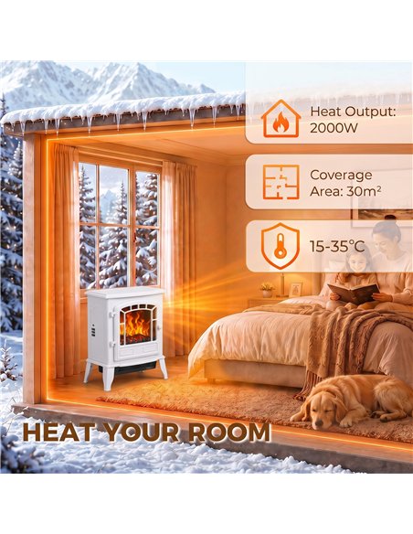 HOMCOM Electric Fireplace Stove, 1000W/2000W, Freestanding Electric Fire with LED Flame Effect, Adjustable Thermostat, White - pic 206699 | FastDaddyshop