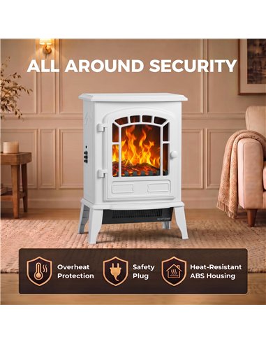 HOMCOM Electric Fireplace Stove, 1000W/2000W, Freestanding Electric Fire with LED Flame Effect, Adjustable Thermostat, White