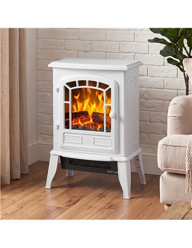 HOMCOM Electric Fireplace Stove, 1000W/2000W, Freestanding Electric Fire with LED Flame Effect, Adjustable Thermostat, White
