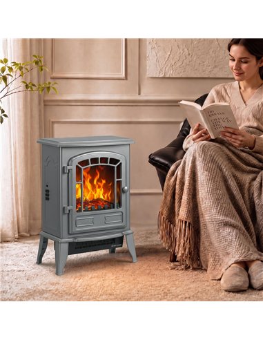 HOMCOM Electric Fireplace Stove, 1000W/2000W, Freestanding Electric Fire with LED Flame Effect, Adjustable Thermostat, Grey