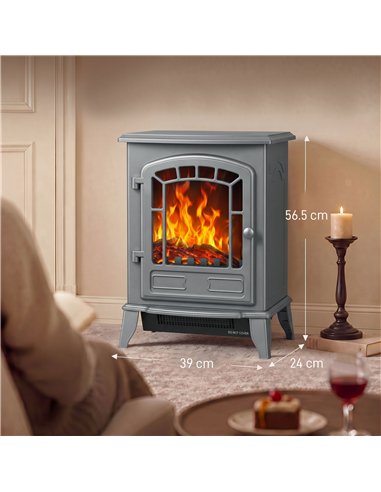 HOMCOM Electric Fireplace Stove, 1000W/2000W, Freestanding Electric Fire with LED Flame Effect, Adjustable Thermostat, Grey