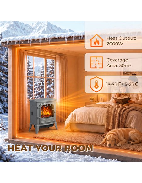 HOMCOM Electric Fireplace Stove, 1000W/2000W, Freestanding Electric Fire with LED Flame Effect, Adjustable Thermostat, Grey - pic 206708 | FastDaddyshop