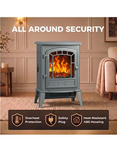 HOMCOM Electric Fireplace Stove, 1000W/2000W, Freestanding Electric Fire with LED Flame Effect, Adjustable Thermostat, Grey