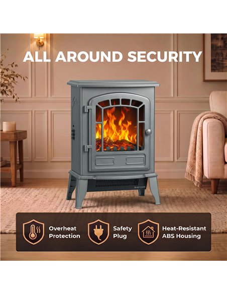 HOMCOM Electric Fireplace Stove, 1000W/2000W, Freestanding Electric Fire with LED Flame Effect, Adjustable Thermostat, Grey - pic 206709 | FastDaddyshop