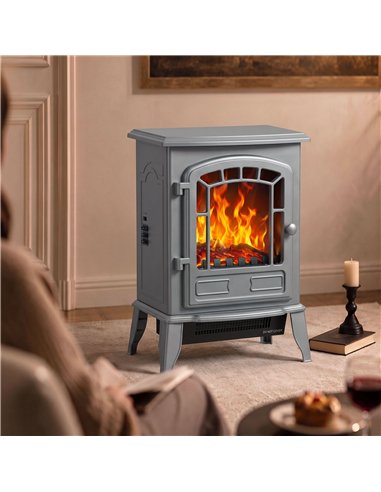 HOMCOM Electric Fireplace Stove, 1000W/2000W, Freestanding Electric Fire with LED Flame Effect, Adjustable Thermostat, Grey