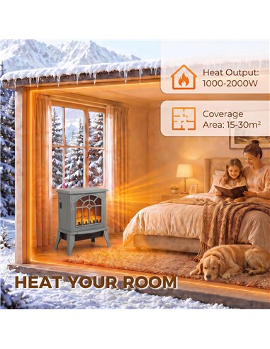 HOMCOM Freestanding Electric Fireplace, Electric Log Burner w/ LED Flame Effect, Overheating Safety System, 1000W/2000W, Grey