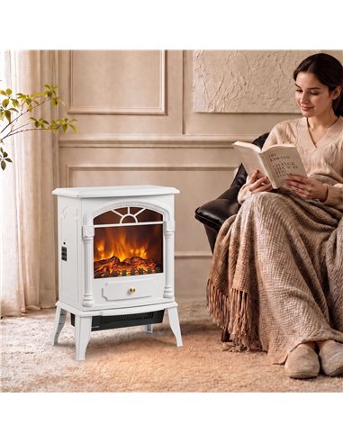 HOMCOM Freestanding Portable Fireplace, Electric Fireplace Stove Heater with 3D Flame Effect and Adjustable Thermostat, White