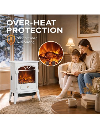 HOMCOM Freestanding Portable Fireplace, Electric Fireplace Stove Heater with 3D Flame Effect and Adjustable Thermostat, White