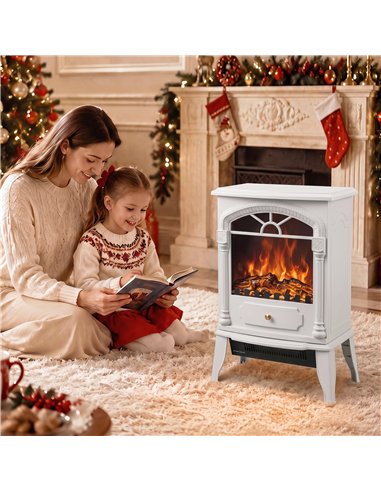 HOMCOM Freestanding Portable Fireplace, Electric Fireplace Stove Heater with 3D Flame Effect and Adjustable Thermostat, White