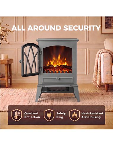 HOMCOM 1kW-2kW Vintage Electric Fireplace Heater - Grey