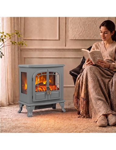 HOMCOM Freestanding Electric Fireplace Stove Heater with LED Fire Flame Effect Grey