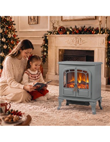 HOMCOM Freestanding Electric Fireplace Stove Heater with LED Fire Flame Effect Grey