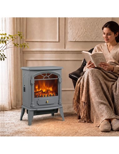 HOMCOM Freestanding Portable Fireplace, Electric Fireplace Stove Heater with 3D Flame Effect and Adjustable Thermostat, Grey