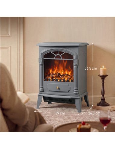 HOMCOM Freestanding Portable Fireplace, Electric Fireplace Stove Heater with 3D Flame Effect and Adjustable Thermostat, Grey