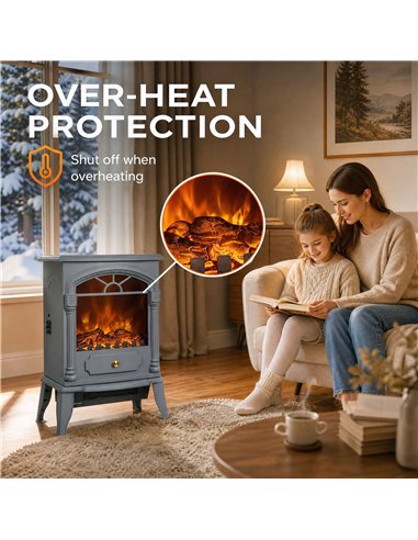 HOMCOM Freestanding Portable Fireplace, Electric Fireplace Stove Heater with 3D Flame Effect and Adjustable Thermostat, Grey