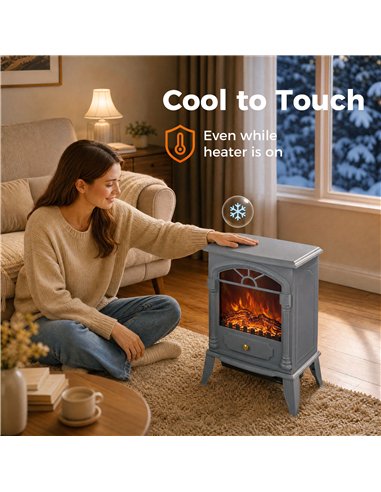 HOMCOM Freestanding Portable Fireplace, Electric Fireplace Stove Heater with 3D Flame Effect and Adjustable Thermostat, Grey