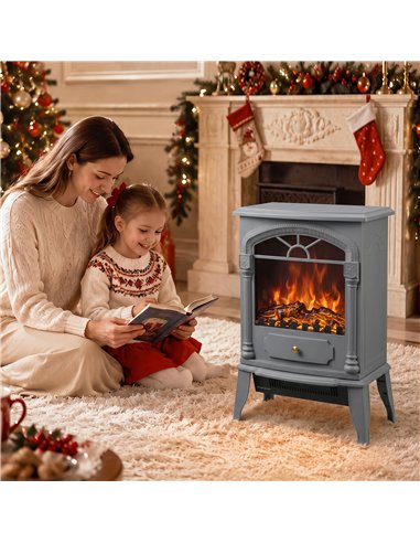 HOMCOM Freestanding Portable Fireplace, Electric Fireplace Stove Heater with 3D Flame Effect and Adjustable Thermostat, Grey