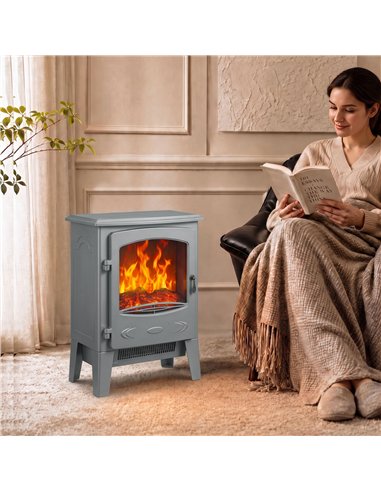 HOMCOM Electric Fireplace, Freestanding Electric Fire with Realistic Flame Effect, Log Burner, 1000W/ 2000W, Grey