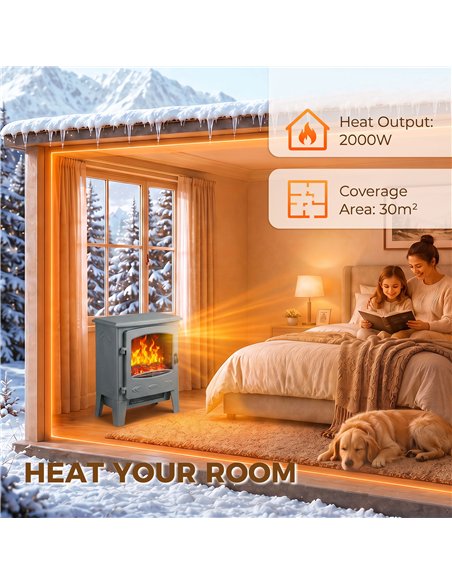 HOMCOM Electric Fireplace, Freestanding Electric Fire with Realistic Flame Effect, Log Burner, 1000W/ 2000W, Grey - pic 206780 | FastDaddyshop