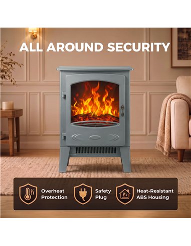 HOMCOM Electric Fireplace, Freestanding Electric Fire with Realistic Flame Effect, Log Burner, 1000W/ 2000W, Grey