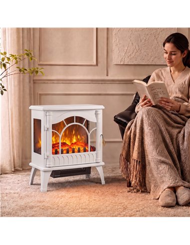 HOMCOM 3-Sided Glass Electric Fire Fan Heater, Electric Fireplace Stove Freestanding Log Burner with Flame Effect, White