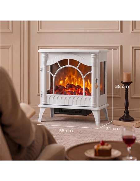 HOMCOM 3-Sided Glass Electric Fire Fan Heater, Electric Fireplace Stove Freestanding Log Burner with Flame Effect, White - pic 206795 | FastDaddyshop