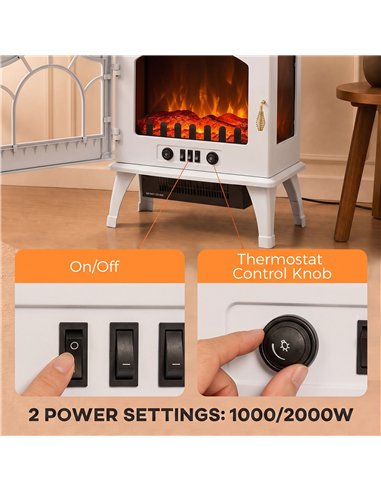 HOMCOM 3-Sided Glass Electric Fire Fan Heater, Electric Fireplace Stove Freestanding Log Burner with Flame Effect, White