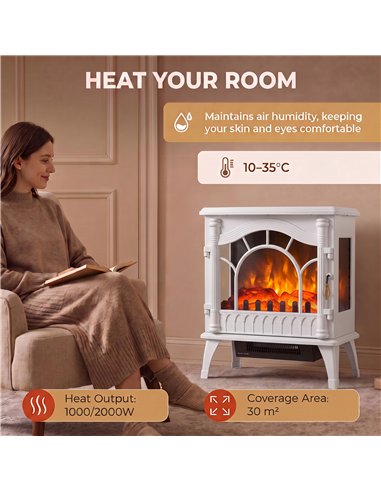 HOMCOM 3-Sided Glass Electric Fire Fan Heater, Electric Fireplace Stove Freestanding Log Burner with Flame Effect, White