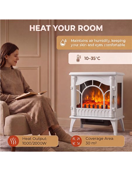 HOMCOM 3-Sided Glass Electric Fire Fan Heater, Electric Fireplace Stove Freestanding Log Burner with Flame Effect, White - pic 206798 | FastDaddyshop