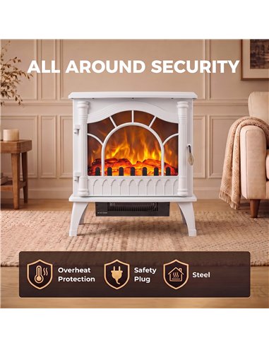 HOMCOM 3-Sided Glass Electric Fire Fan Heater, Electric Fireplace Stove Freestanding Log Burner with Flame Effect, White