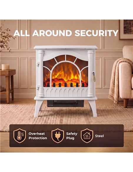 HOMCOM 3-Sided Glass Electric Fire Fan Heater, Electric Fireplace Stove Freestanding Log Burner with Flame Effect, White - pic 206799 | FastDaddyshop