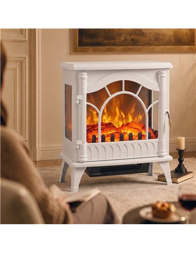 HOMCOM 3-Sided Glass Electric Fire Fan Heater, Electric Fireplace Stove Freestanding Log Burner with Flame Effect, White