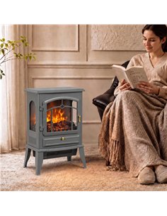 HOMCOM Electric Fireplace Stove, 1000/2000W 3-Sided Freestanding Fireplace Heater with 3D Flame Log, Thermostat, Grey 2