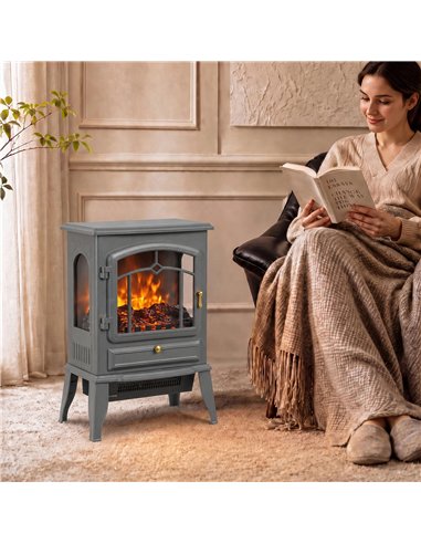 HOMCOM Electric Fireplace Stove, 1000/2000W 3-Sided Freestanding Fireplace Heater with 3D Flame Log, Thermostat, Grey