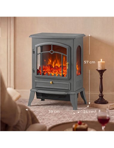 HOMCOM Electric Fireplace Stove, 1000/2000W 3-Sided Freestanding Fireplace Heater with 3D Flame Log, Thermostat, Grey