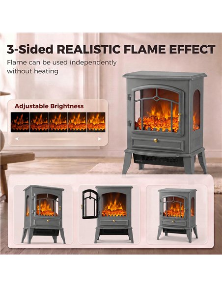 HOMCOM Electric Fireplace Stove, 1000/2000W 3-Sided Freestanding Fireplace Heater with 3D Flame Log, Thermostat, Grey - pic 206805 | FastDaddyshop