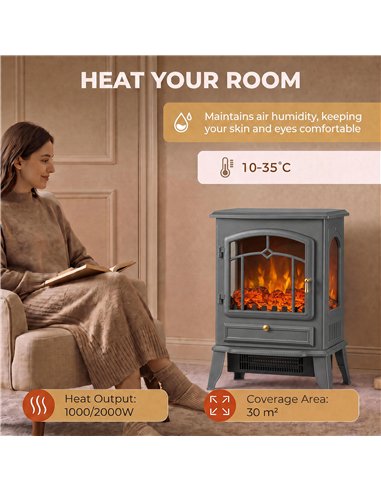 HOMCOM Electric Fireplace Stove, 1000/2000W 3-Sided Freestanding Fireplace Heater with 3D Flame Log, Thermostat, Grey