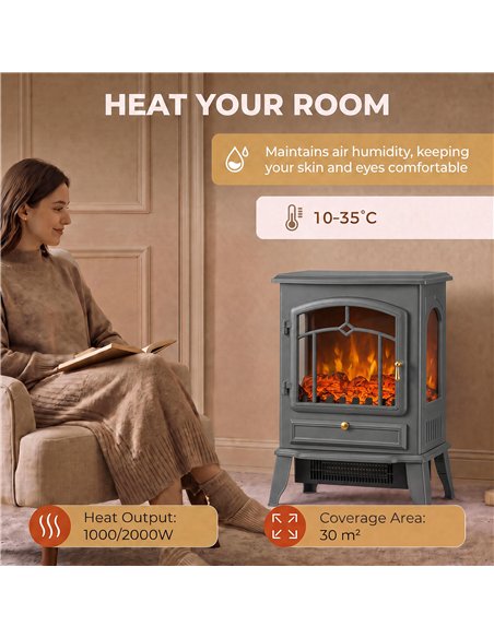 HOMCOM Electric Fireplace Stove, 1000/2000W 3-Sided Freestanding Fireplace Heater with 3D Flame Log, Thermostat, Grey - pic 206807 | FastDaddyshop