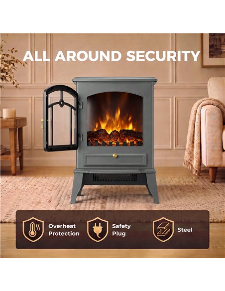 HOMCOM Electric Fireplace Stove, 1000/2000W 3-Sided Freestanding Fireplace Heater with 3D Flame Log, Thermostat, Grey - pic 206808 | FastDaddyshop