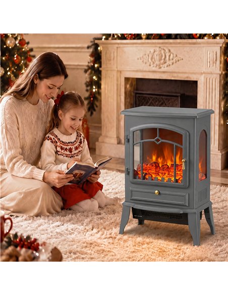 HOMCOM Electric Fireplace Stove, 1000/2000W 3-Sided Freestanding Fireplace Heater with 3D Flame Log, Thermostat, Grey - pic 206809 | FastDaddyshop
