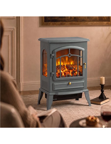 HOMCOM Electric Fireplace Stove, 1000/2000W 3-Sided Freestanding Fireplace Heater with 3D Flame Log, Thermostat, Grey - pic 206810 | FastDaddyshop