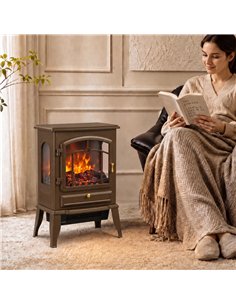 HOMCOM Electric Fireplace Stove, 1000/2000W 3-Sided Freestanding Fireplace Heater with 3D Flame Log, Thermostat, Brown 2