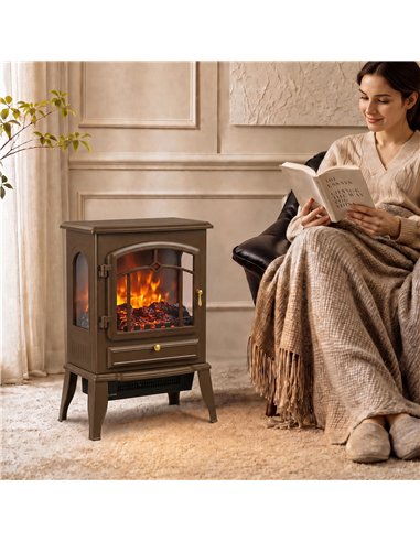 HOMCOM Electric Fireplace Stove, 1000/2000W 3-Sided Freestanding Fireplace Heater with 3D Flame Log, Thermostat, Brown