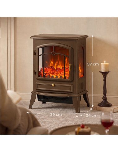 HOMCOM Electric Fireplace Stove, 1000/2000W 3-Sided Freestanding Fireplace Heater with 3D Flame Log, Thermostat, Brown